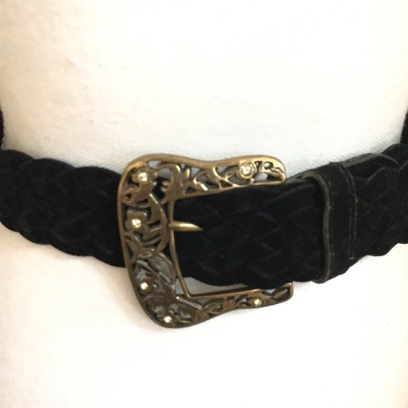 Braided Velour Belt w Brass Floral/Crystal Buckle main image 4